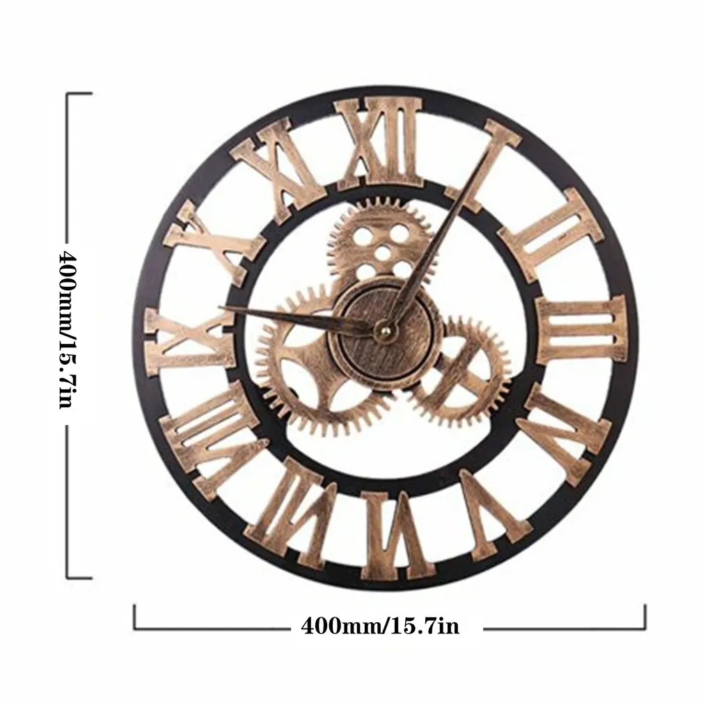 

40cm 3D Gear Design Roman Numeral Wall Clock Non-ticking Wooden Large Clock Living Room Hotel Decoration Without Battery