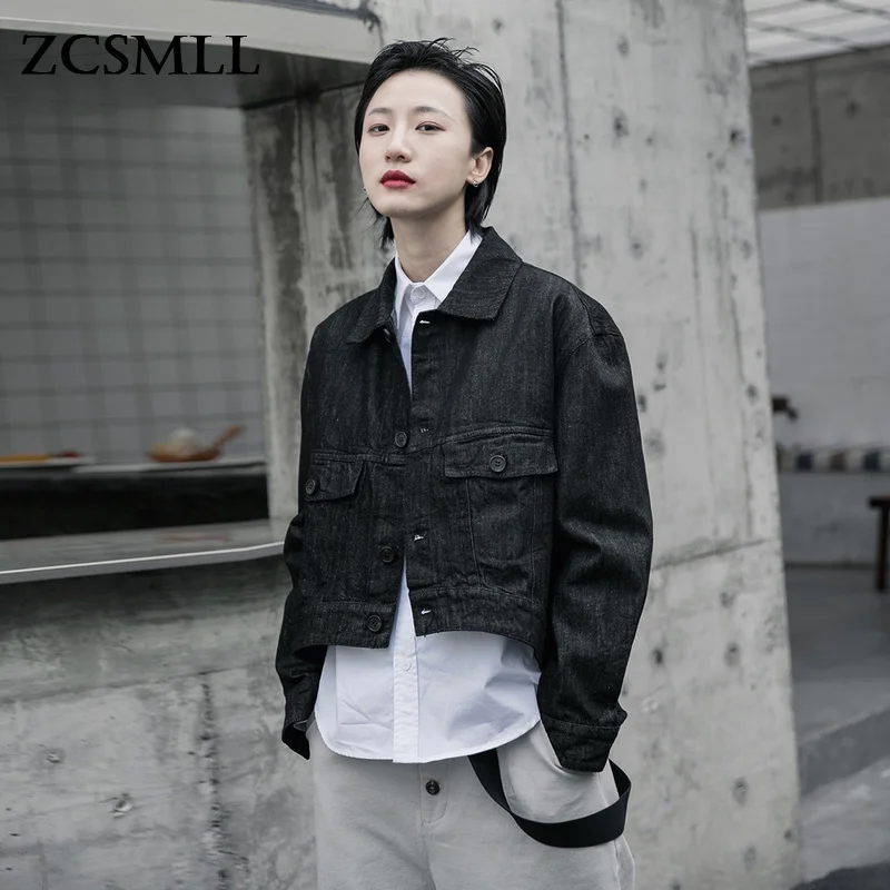 

ZCSMLL Denim Jacket for Women Black Crop Winter Oversized Tops Vintage Long Sleeve Jean Jackets Casual Coat Streetwear