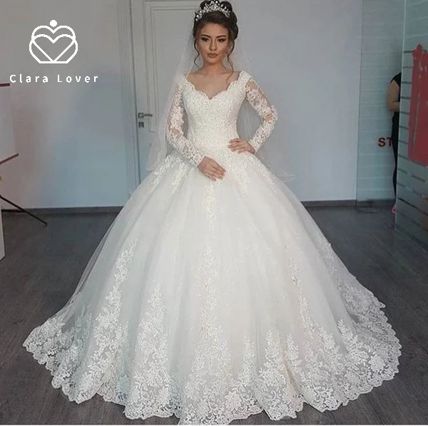 

New beach wedding gowns dress novia bridal lace long sleeve bridal lace tail wedding dress vestido de noiva bride white gown