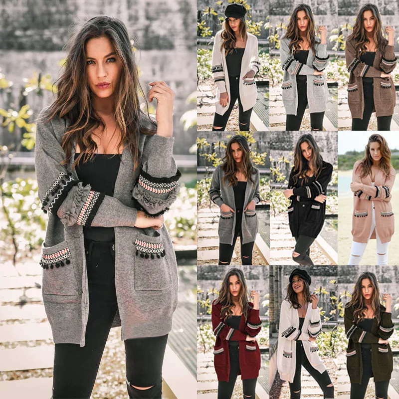 

New products autumn/winter 2021 fashion stitching long-sleeved women's long cardigan sweater jacket