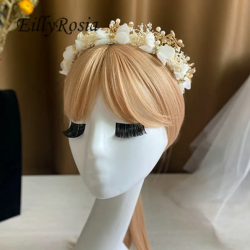 

Bridal Headdress Mori Garland Korean Women Flower Hair Band Boho Wedding Floral Crown Pearls Bride Fairy Hair Ornament