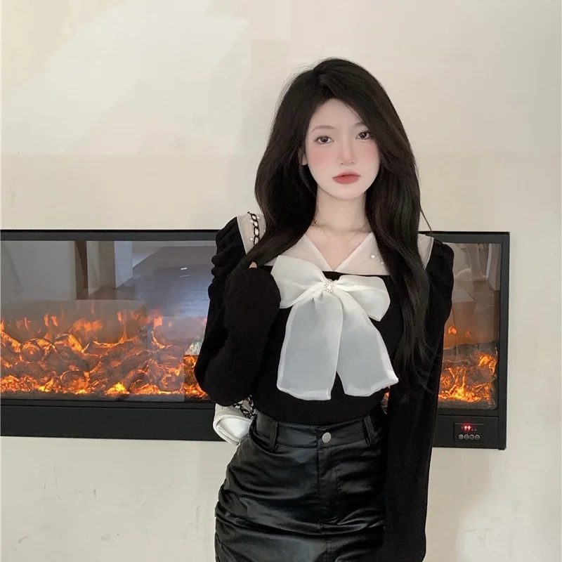 Свитер Ezgaga с бантом и лентой Женский пуловер V-образным вырезом длинным рукавом в