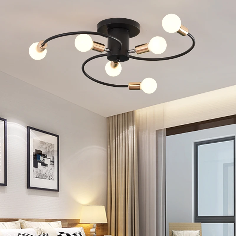 Lámpara de araña de techo semiintegrada, iluminación negra, 6 luces de cabeza, decoración moderna para el hogar