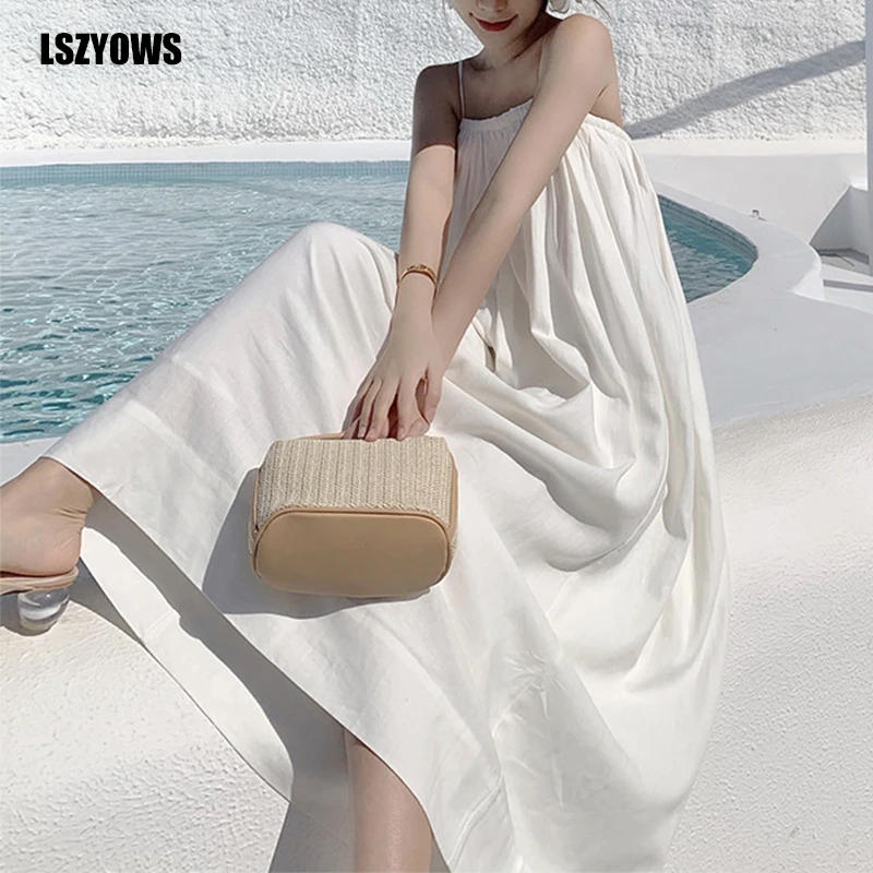 

Summer Long Dress Women Casual Sundress Spaghetti Strap Backless Beach White Dress Sleeveless Loose Party Maxi Dresses Vestidos