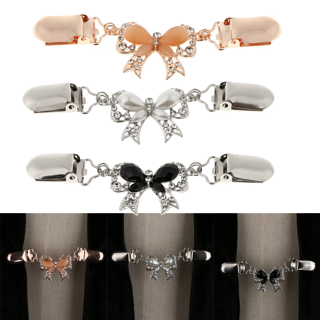 

3x Glitter Rhinestone Sweater Guards Bowknot Cardigan Shawl Collar Chain Pin