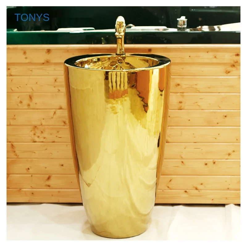 

Высококачественная раковина для ванной комнаты, Золотая керамическая круглая раковина, раковина класса люкс для отелей и клубов, индивидуальная Вертикальная раковина на подставке + Смеситель