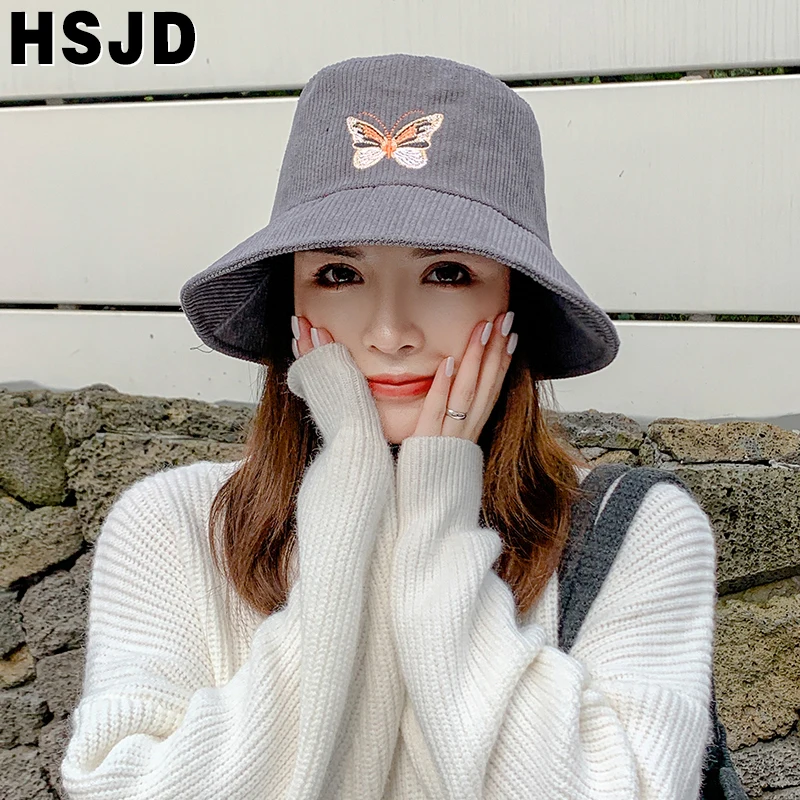 Butterfly Embroidery Bucket Hat Thickened Warm Autumn Winter Wide Brim Hats For Women Corduroy Hats Korean Panama Fisherman Hat