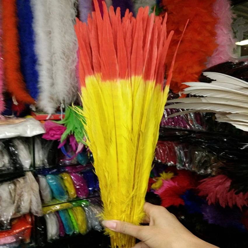 

Wholesale 100PCS 30-35cm Two Color Dyed Ringneck Pheasant Tails Feather Natural Real Chicken Plumes For Wedding Carnival Partys