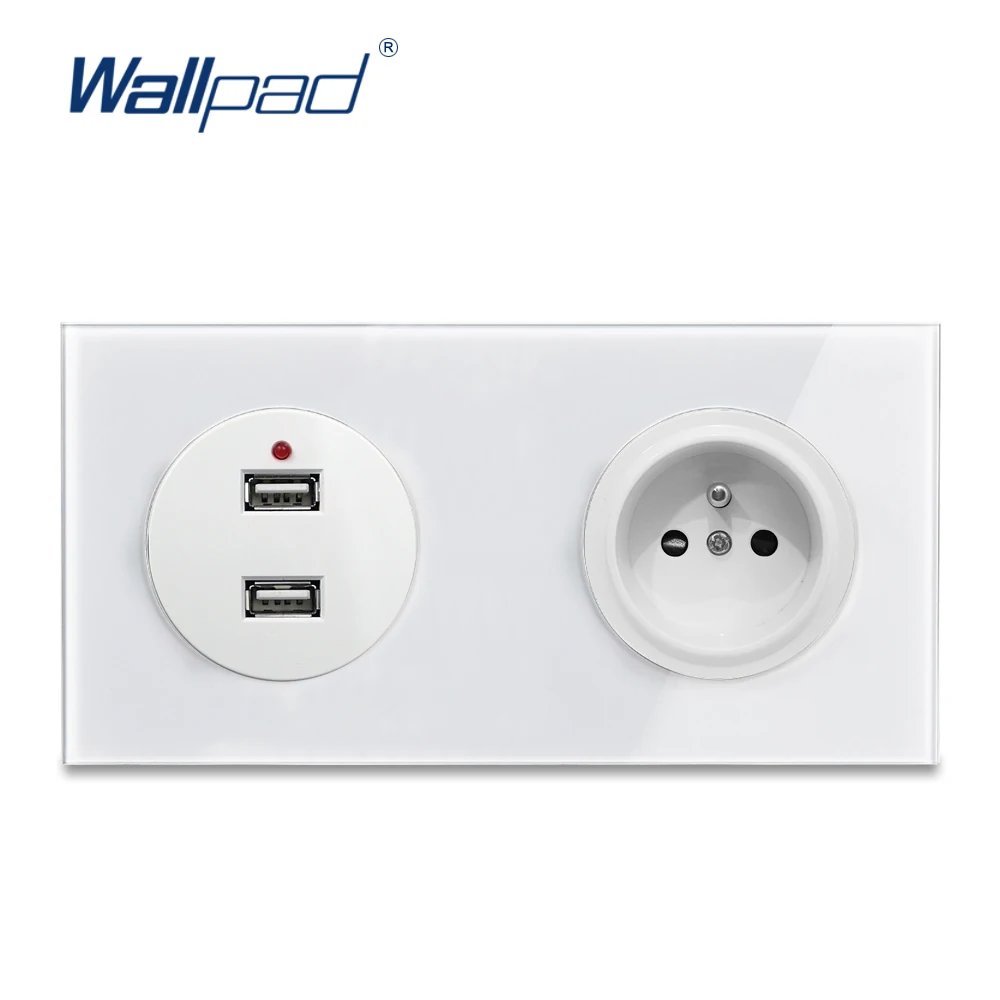 Французская настенная розетка Wallpad L6 с 2 USB портами для зарядки белая панель из