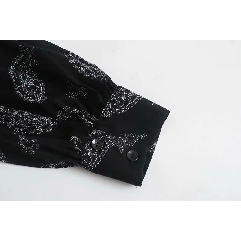 ZA 2020 NEW black Lace up printing dress womens midi lapel Retro Long sleeve slim waist vestidos chic party dresses | Женская одежда