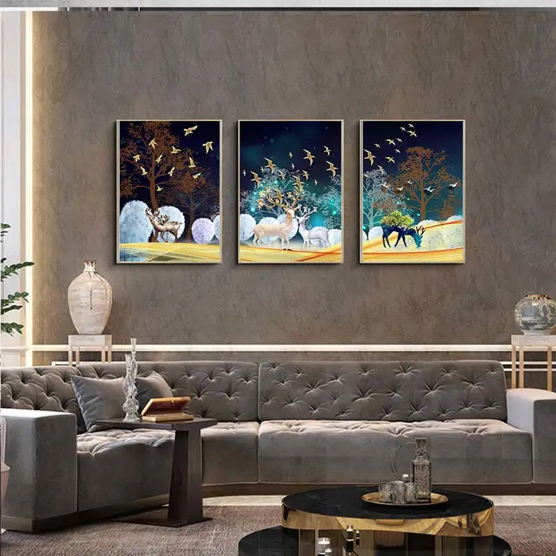 Северный лес олень животное и Птицы Пейзаж Холст Картина постер для декораций