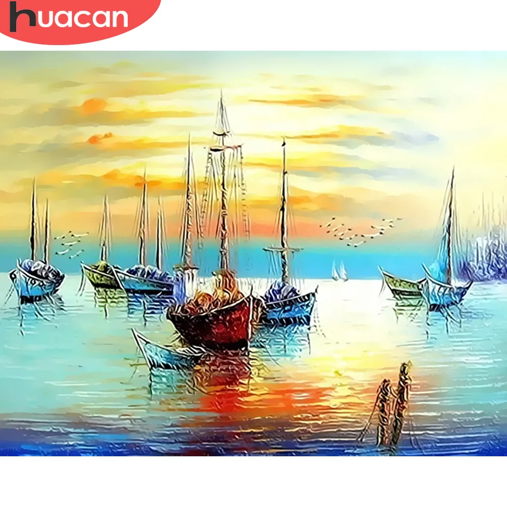 HUACAN краска по номерам парусник пейзажные наборы Рисование холст ручная ed подарок