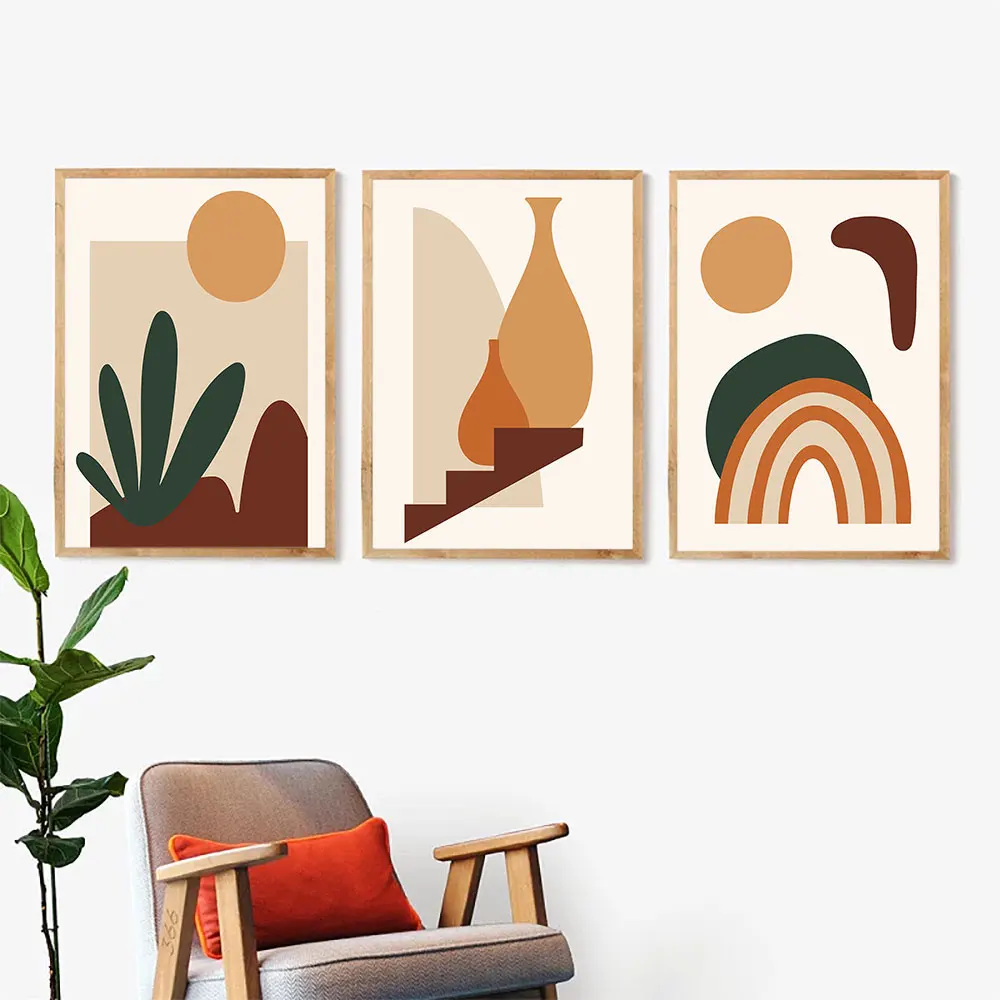 

Abstract Boho Beige Rainbow Plants Sun Line Art Canvas Painting Wall Picture Poster Print for Living Room Interior Home Decorati