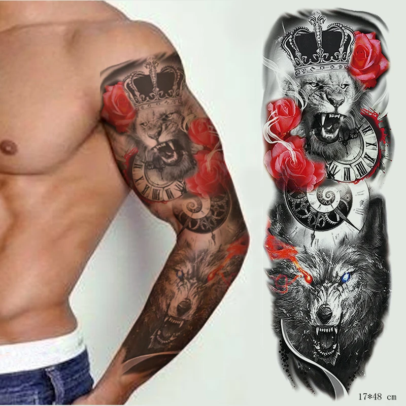 

Tattoo Sticker Waterproof lion wolf animal totem crown clock flower Temporary Full Arm Tatoo Flash Fake Tatto for boy girl
