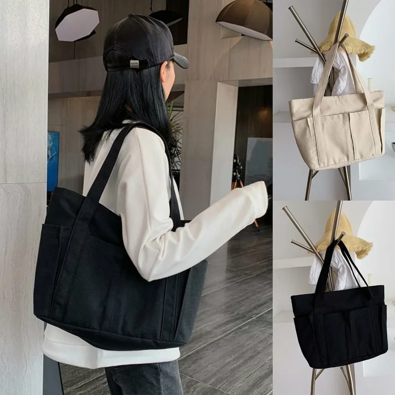 

Fashion Foldable Shopping Bag Women Big Size Canvas Simple Casual Tote Handbag Ladies Beach Reusable Shoulder Bag