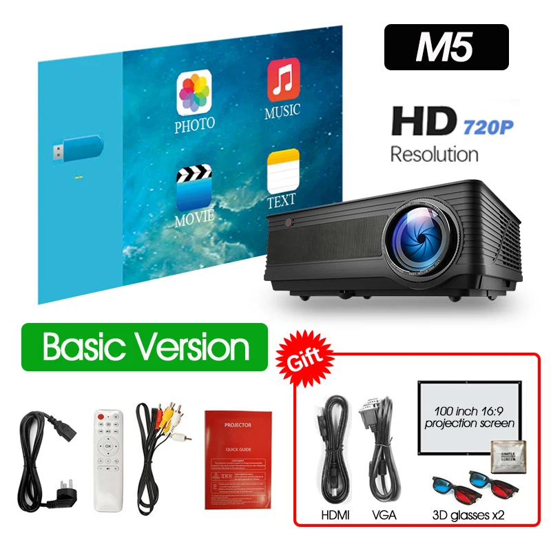 M5 ALSTON M5 M5W Full HD 1080P проектор 4K 6500 люмен кинопроектор проектор Android WiFi Bluetooth hdmi VGA AV USB с подарком - Цвет: M5