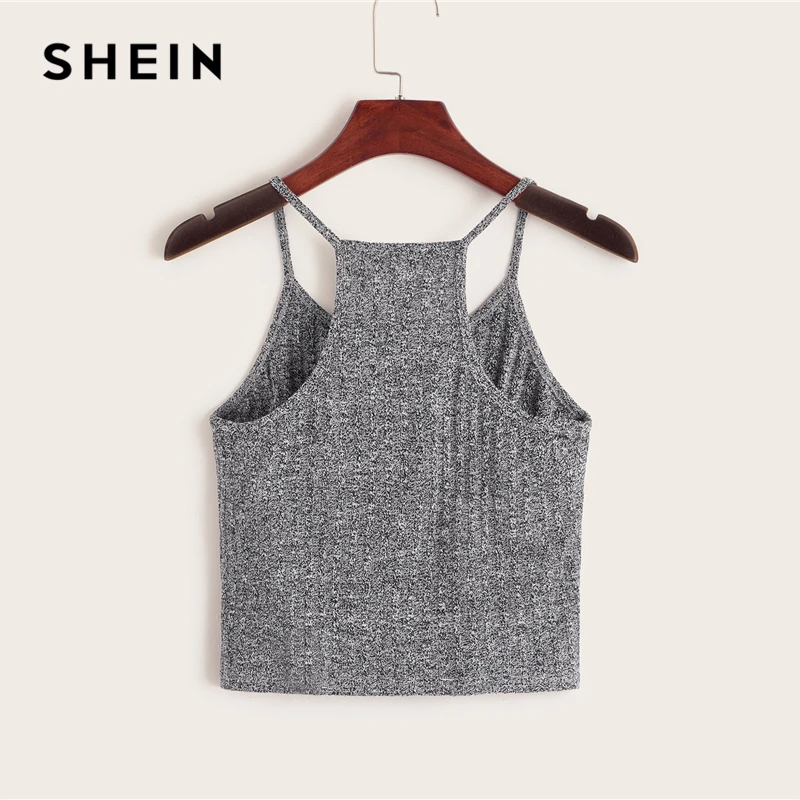 SHEIN серый ребристый Вязаный топ на бретельках Женские жилеты Женская Базовая одежда эластичный тонкий крой осень Спагетти ремень повседневные топы