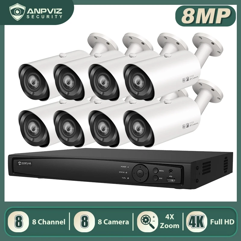 

Anpviz 8CH 4K NVR 8MP 4X POE Bullet IP Cameras Home/Outdoor Security Systems Kits H.265 ONVIF CCTV Video Surveillance NVR Kits