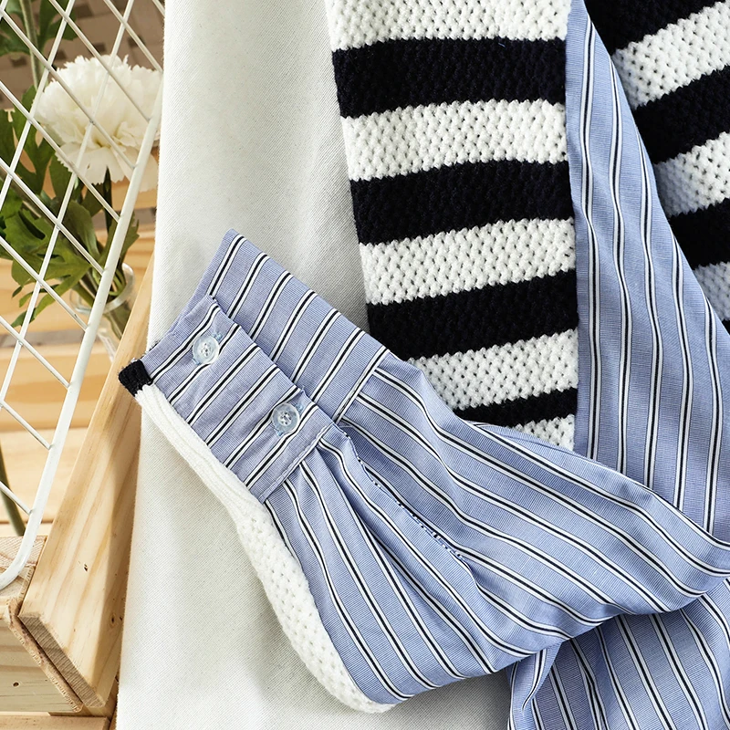 

Loose Casual Cardigan Jacket Knit Stitching Striped Shirt Women's Spring and Autumn Sweater Students