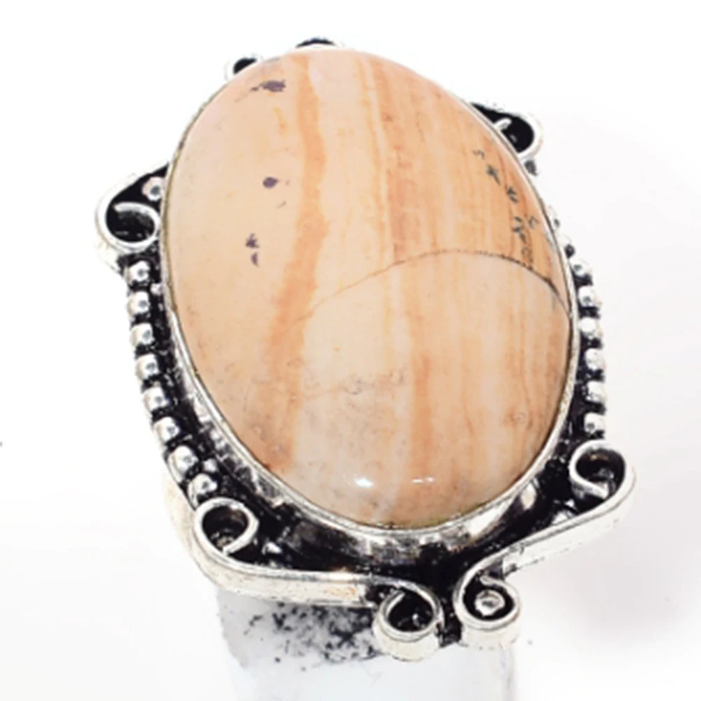 

Genuine Picture Jasper Ring Silver Overlay over Copper, Hand Made Women Jewelry gift , USA Size: 8 , R6495