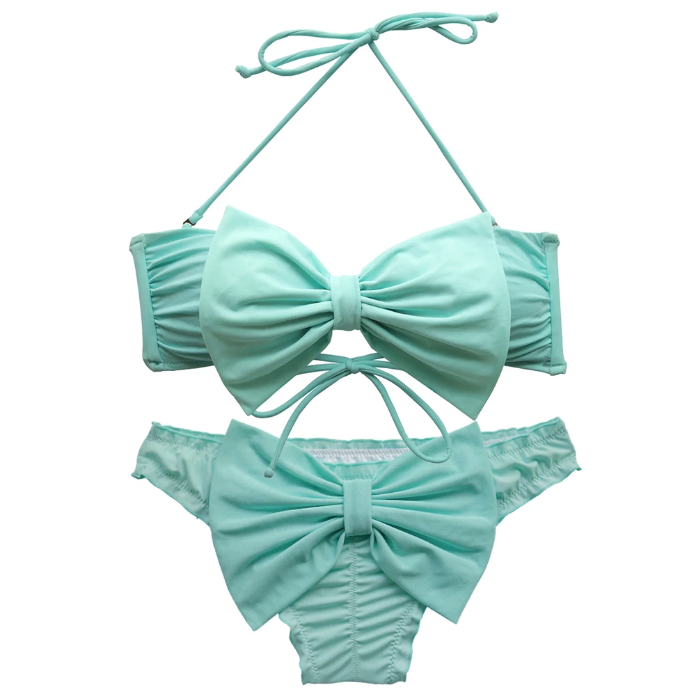 Women's Bandeau Blue Bikini Set Biquinis Brasileiro Bathing Suit Micro Light Blue Of Bow Cheeky Brazilian Swimwear Swimsuit