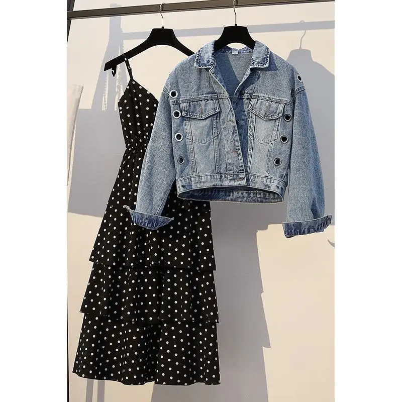 Женское джинсовое платье и жакет комплект из двух предметов короткий топ платья