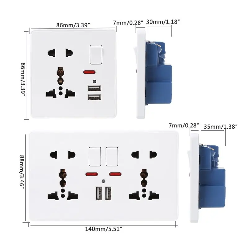 

Wall Socket With LED Light Switch 86 Type 5 Holes Double USB White PC Panel