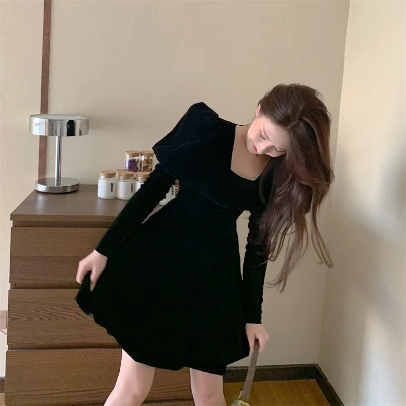 

COIGARSAM Office Lady Full Sleeve Women dress Spring Vintage High Waist Square Collar Dresses Black 8169