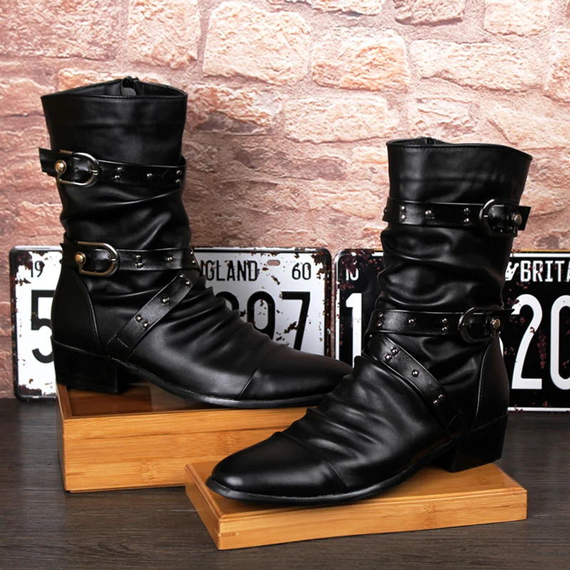 

British fashion men's boots punk nightclub wear cow leather shoes black long boot autumn winter high botas masculinas sapatos