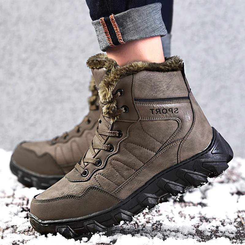 

High Top 2019 Men Boots Winter Warm Genuine Leather Snow Boots With Fur Lace-Up Waterproof Safety Shoes Shoes Large Sizes 48 VII
