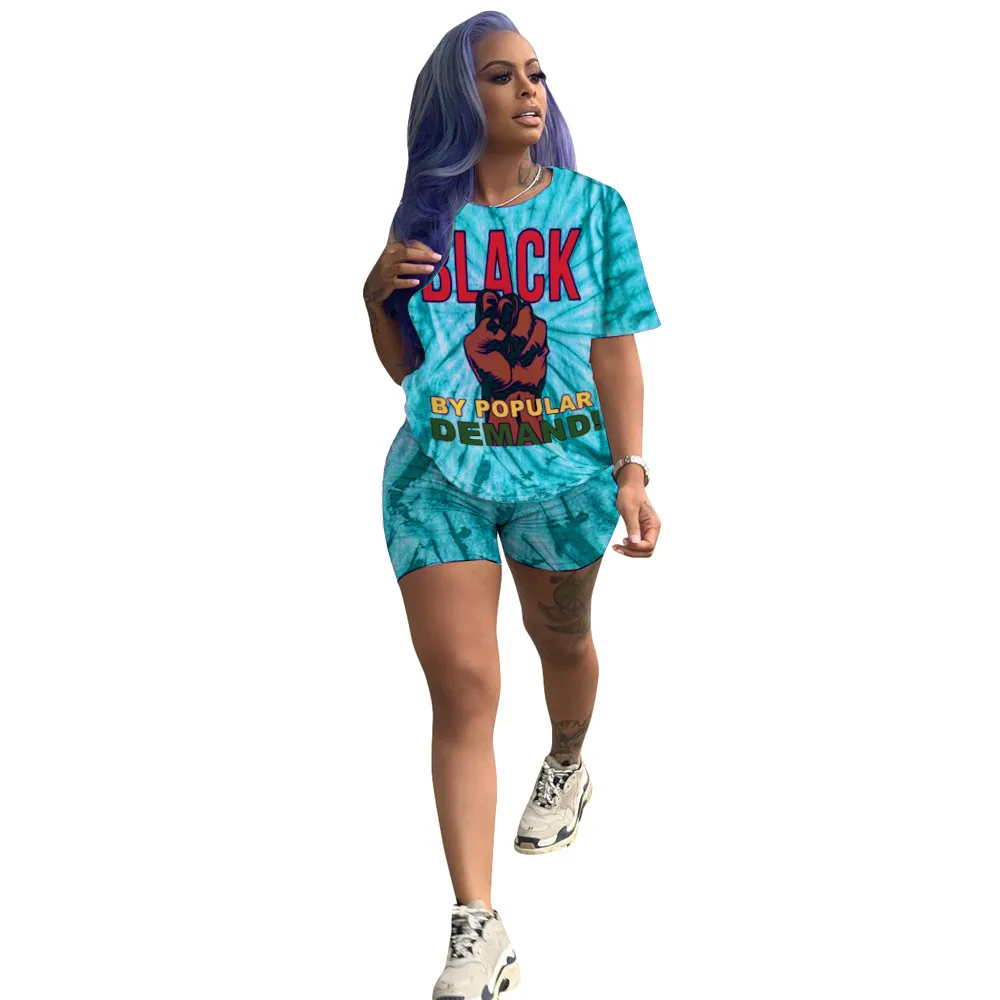 

2020 Europe new tie dye cartoon printing sports suit fashion slim o-neck short sleeve T-shirt and shorts two-piece set