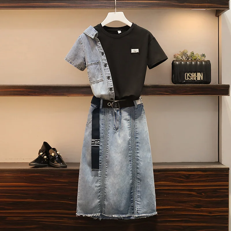 

Fashion Denim patchwork T shirt + Denim belt Skirt Summer 2 Pieces Sets Women Casual Short Sleeve Tops And personality Skirts