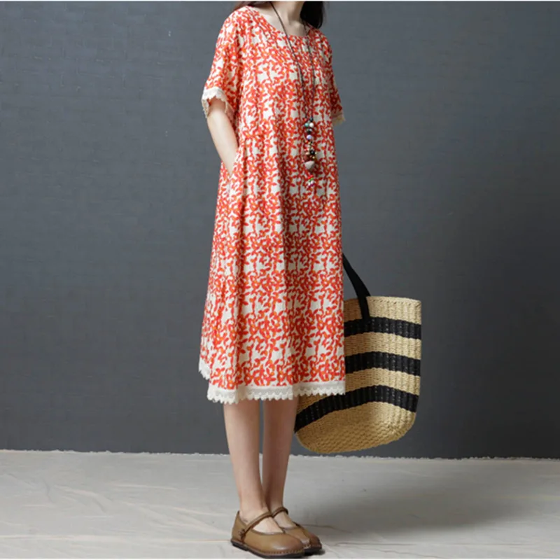 

Loose size women's fashion comfortable cotton linen printed round neck short sleeve dress