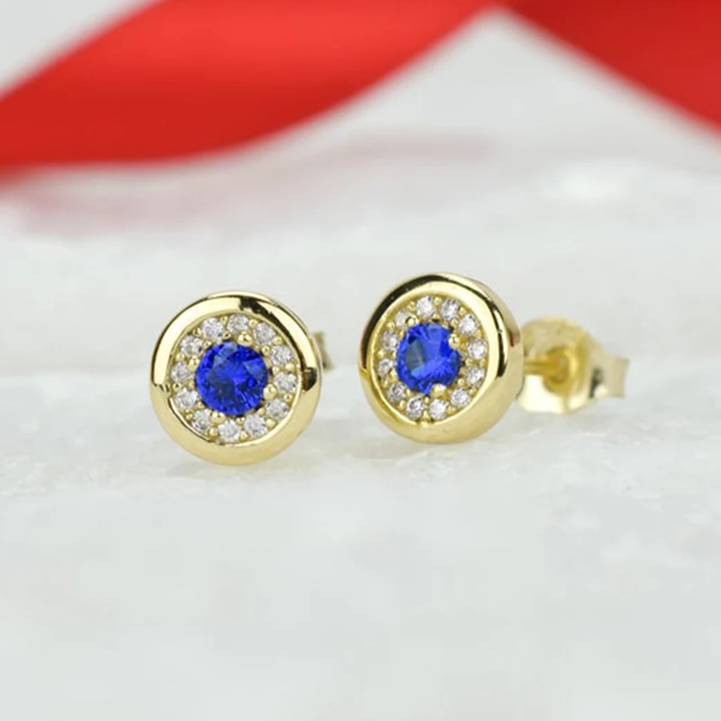 

18K Gold Round Royal Blue Stud Earrings for Women Classic Fashion Ear Studs Female Wedding Birthday Festival Dating Jewelry Gift