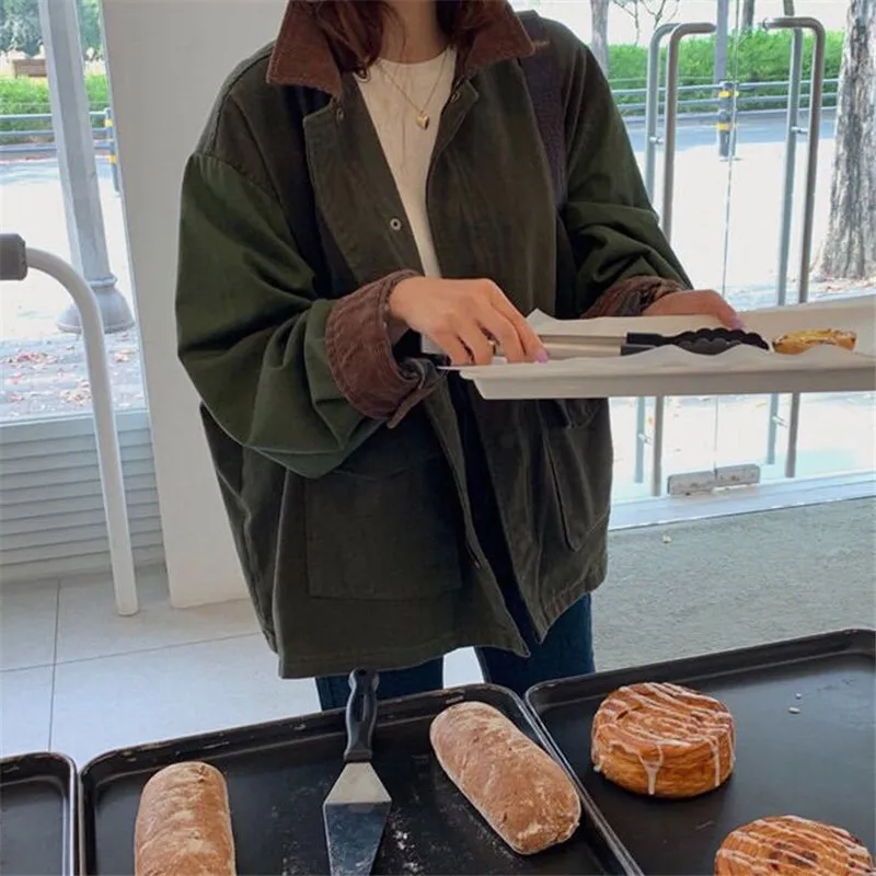 

Korean Thick Autumn Vintage Lapel Casual BF Safari Style Loose Full Lantern Sleeve Coats and Jackets Women ArmyGreen Streetwear