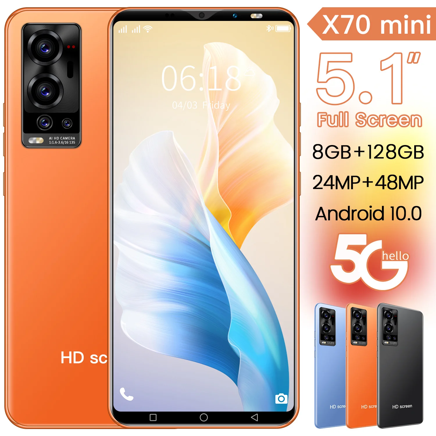 

Smartphone X70mini Global Version 5.1 Inch 24 + 48MP Dual SIM Card Andriod 10 8GB+128GB Fingerprint Face ID To Unlock The Phone
