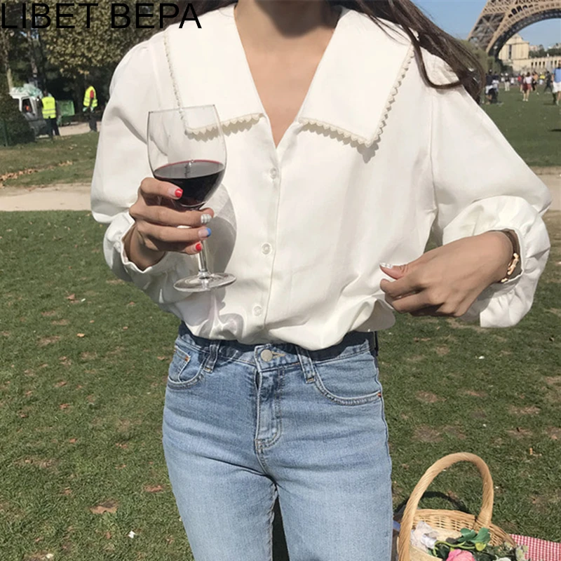 Женская однобортная блузка Повседневная рубашка с рукавами фонариками и