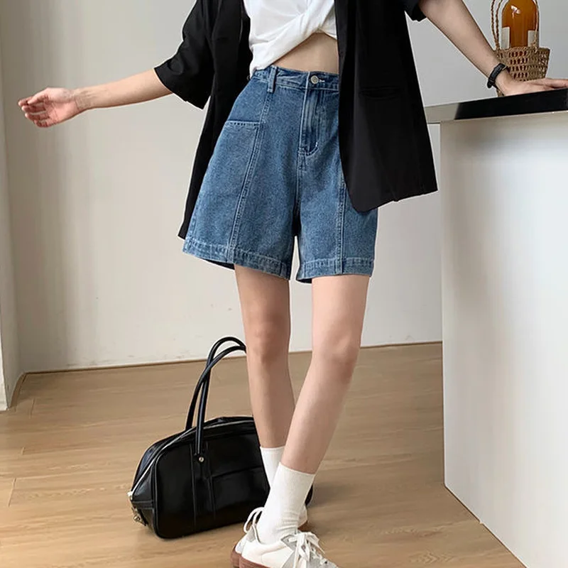 Женские джинсовые шорты однотонные винтажные длиной до колена Модные свободные