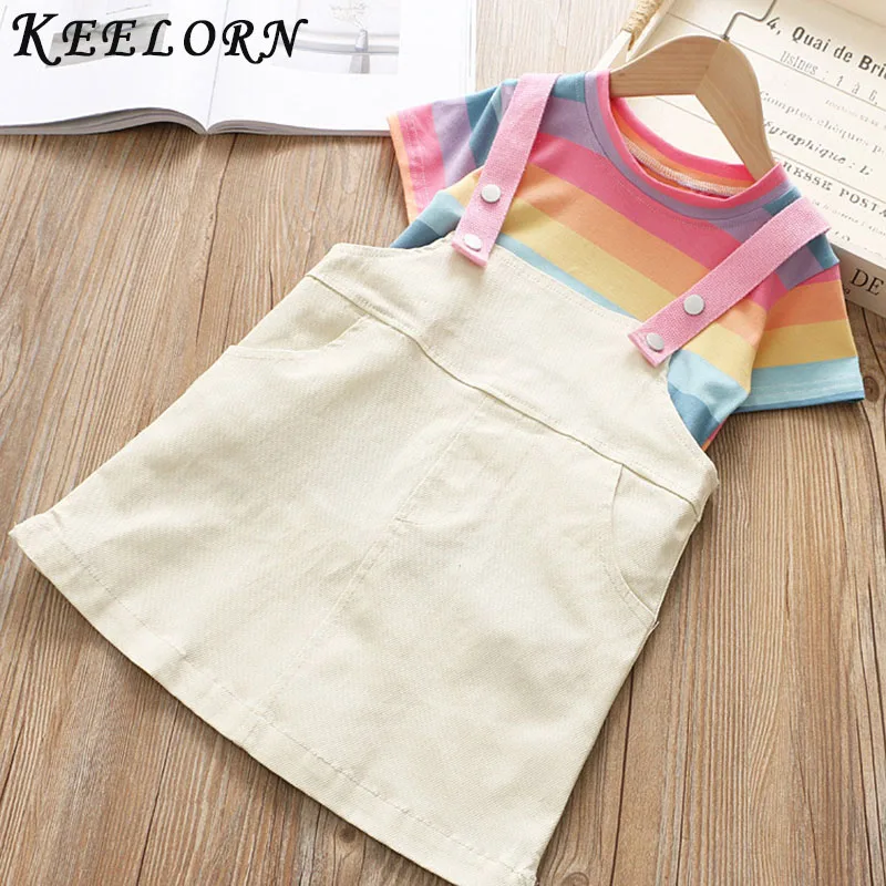 Keelorn Girls Dresses 2020 Summer Brand Kids Clothes Striped Rainbow T-shirt+Strap Dress 2Pcs for Clothing Sets Children | Детская