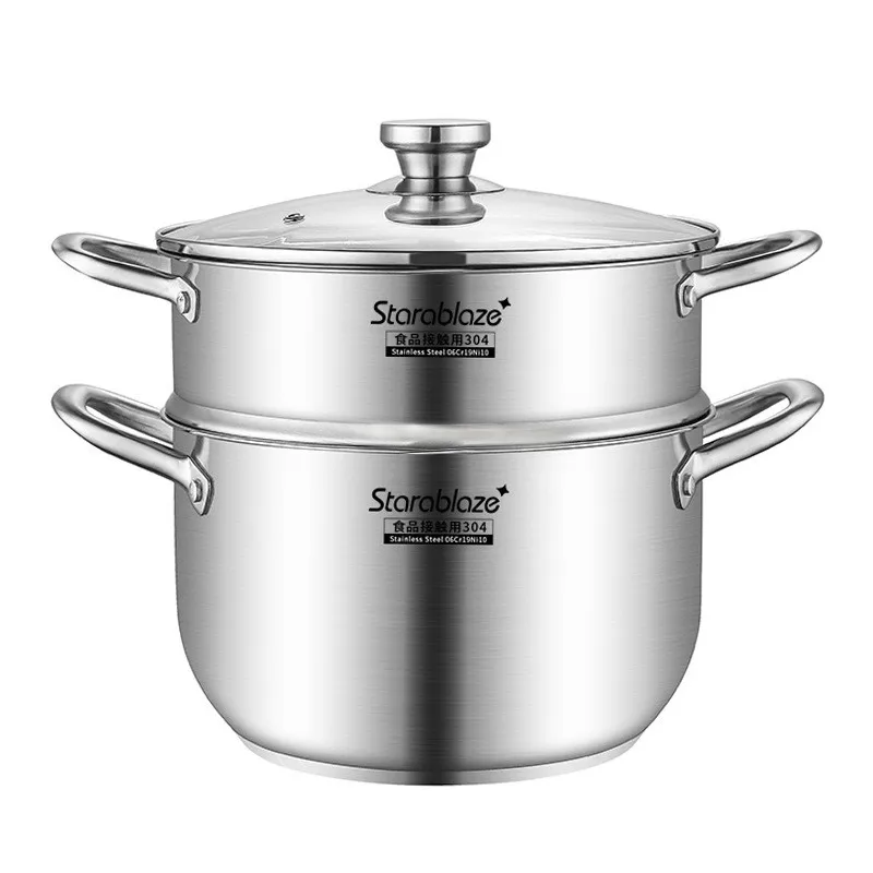 

Fypo Stainless Steel Steamer Gas Induction Cooker Soup Steamboat Pot 1/2 Tier Steamer with Glass Lid Kitchen Cookware Steamer