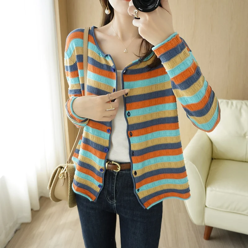 

100% cotton long-sleeved sweater ladies O-neck striped cardigan casual knit color-blocking tops oversized female jacket T-shirt