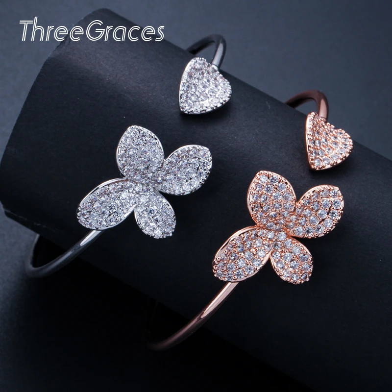 ThreeGraces Luxury Brand Design Zirconia Full Pave Setting Big Leaf Flower Shape Open Hand Cuff Bangle For Women Accessor BA024|Браслеты| |