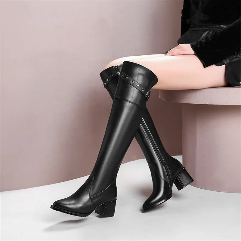 Meotina Winter Over The Knee Boots Women Natural Genuine Leather Buckle Thick High Heel Long Boots Zip Pointed Toe Shoes Lady 42