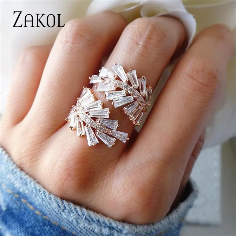 ZAKOL модные стильные Открытые Кольца трапециевидной формы с фианитами и кристаллами, свадебные ювелирные изделия Anillo для женщин, девушек, вечерние, подарок FSRP225