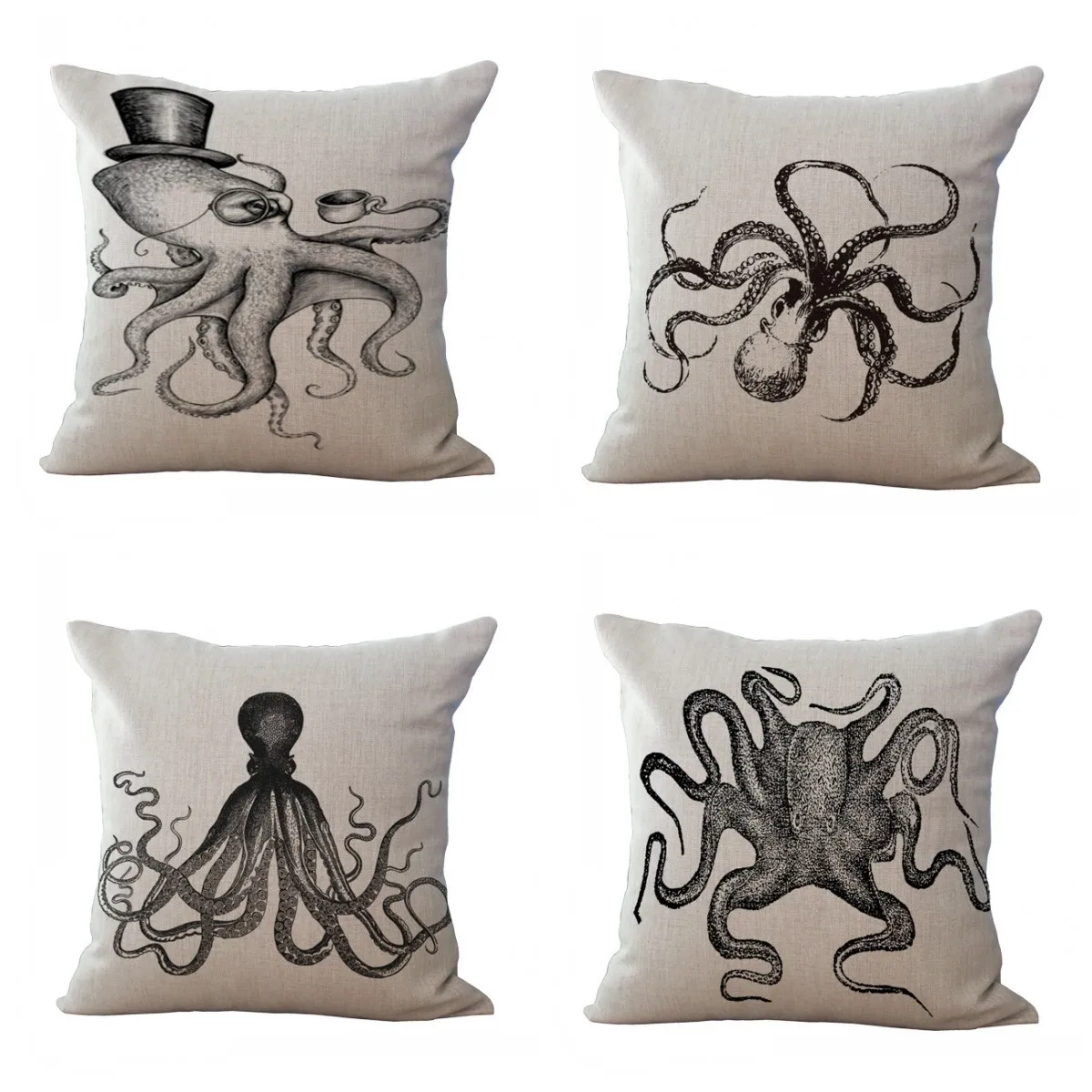 Set of 4 Octopus Decor Throw Pillow Cover Standard 18" x 18" Ocean Theme Pillow Covers Cushion Cover Pillow Shell Pillow Cases