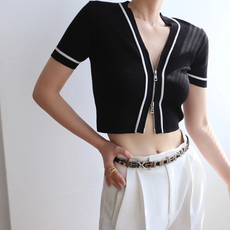 

Короткий вязаный кардиган на молнии с V-образным вырезом, контрастные облегающие женские укороченные топы с коротким рукавом и высокой тали...