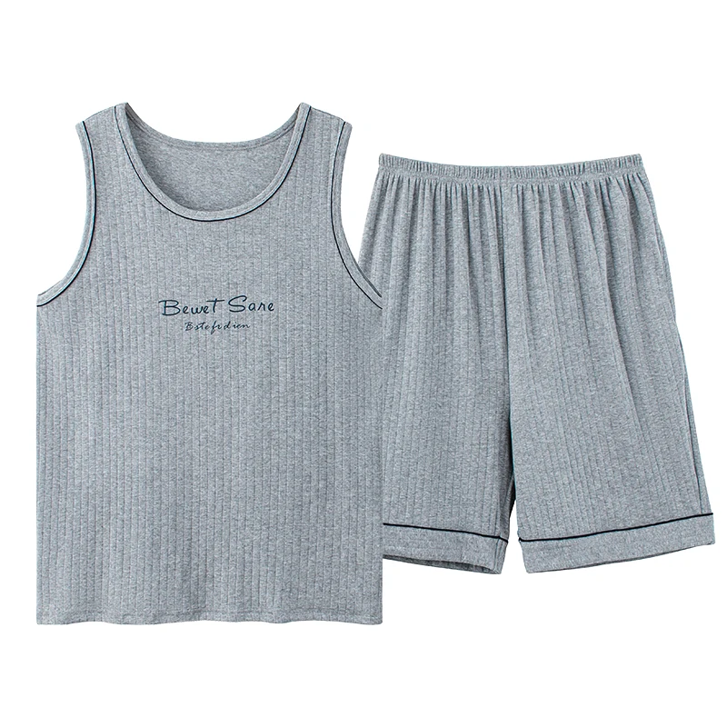 Summer Light Gray Casual Tracksuit Plus Size L-4XL Pajamas Men Letter Print Sleep Vest Shorts Set Mens Sleeveless Pijamas Hombre | Мужская