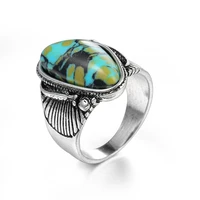 retro antique silver color turquoises feather rings for women romantic lovers engagement anniversary wedding jewelry gift