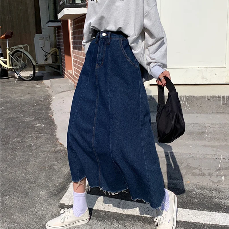 

Sungtin Loose Long Denim Skirts Womens Casual Jean Skirts Womens Plus Size Solid 4XL Vintage Skirt 2021 Korean Designer Skirt