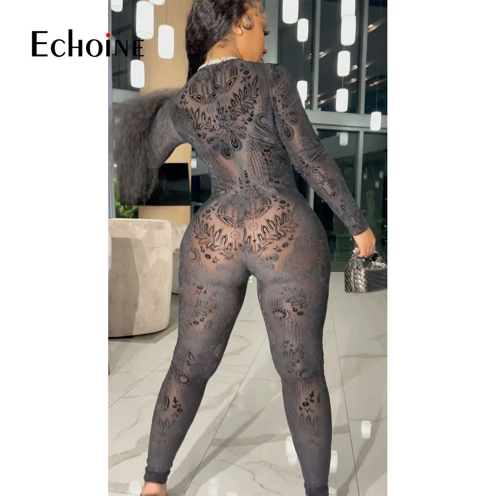 

Echoine Summer Sexy deep V perspective mesh Print jumpsuit Women Playsuit nightclub Party One Piece Overall Romper Bodysuit